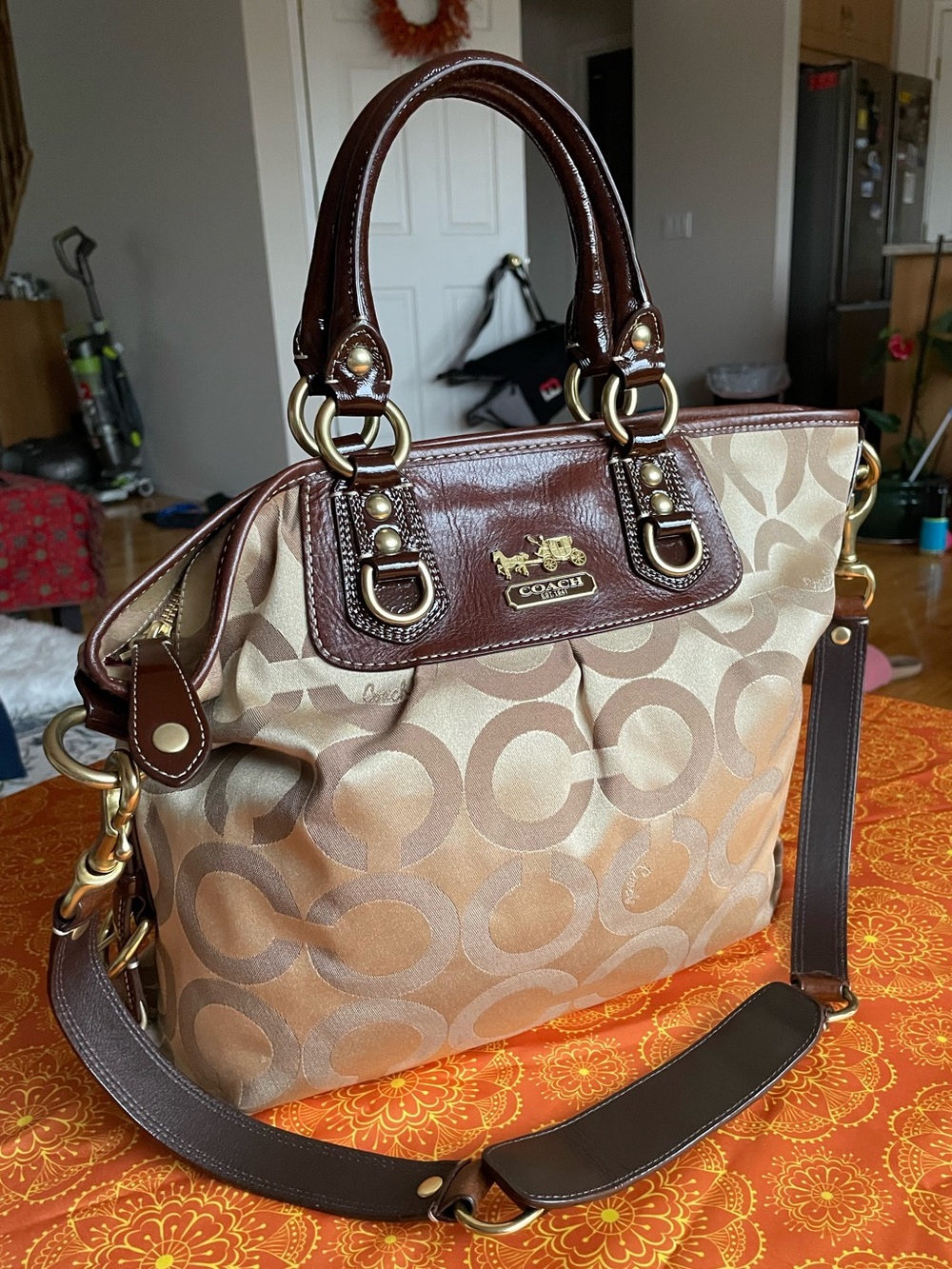 Coach Signature Canvas Satchel with Brown Leather Trim